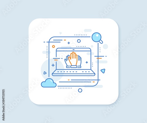 Vote hands line icon. Abstract vector button. Election voting sign. Volunteers or referendum symbol. Vote line icon. Laptop concept badge. Vector