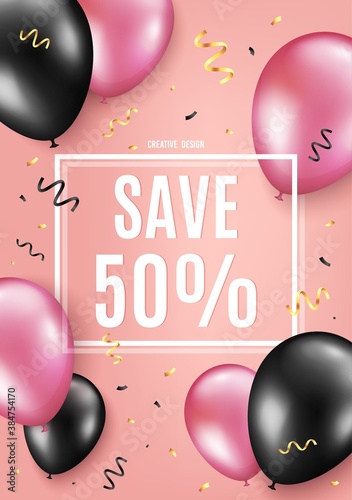 Save 50% off. Balloon celebrate background. Sale Discount offer price sign. Special offer symbol. Birthday balloon background. Celebrate pink banner. Party frame message. Vector
