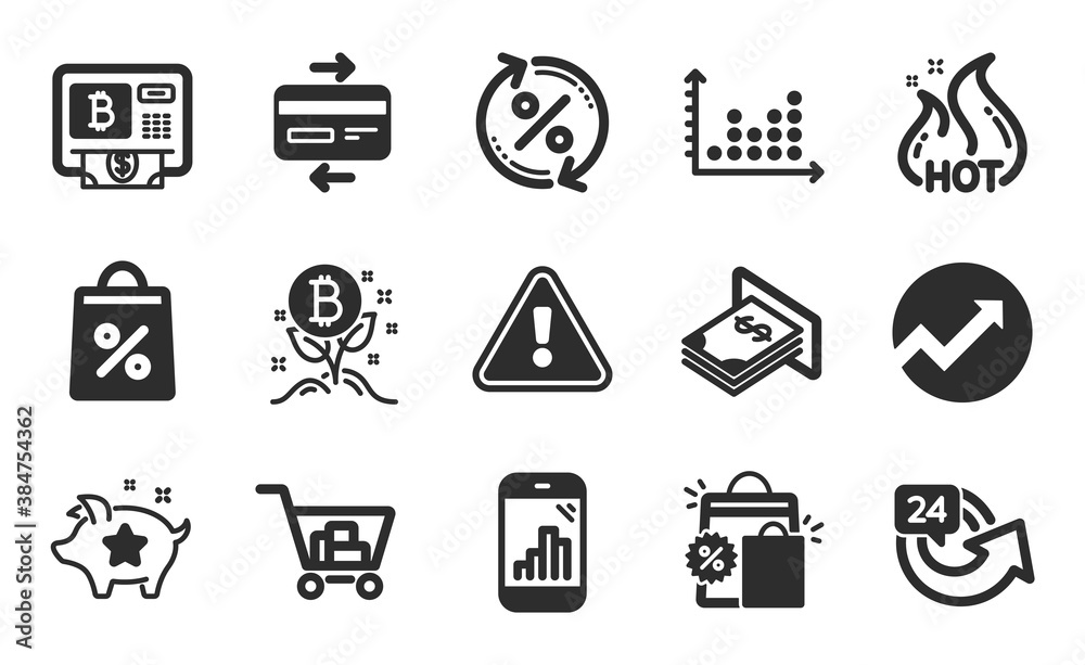 Hot sale, Audit and Bitcoin project icons simple set. Internet shopping, Shopping bag and 24 hours signs. Bitcoin atm, Loyalty points and Credit card symbols. Flat icons set. Vector