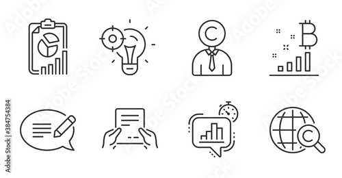 Seo idea, Statistics timer and Message line icons set. Bitcoin graph, International Ð¡opyright and Copyrighter signs. Receive file, Report symbols. Performance, Growth chart, Speech bubble. Vector