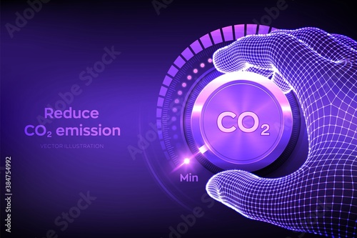 Carbon dioxide emissions control concept. Reduce CO2 level. Wireframe hand turning a carbon dioxide knob button to the minimum position. CO2 reduction or removal concept. Vector illustration.