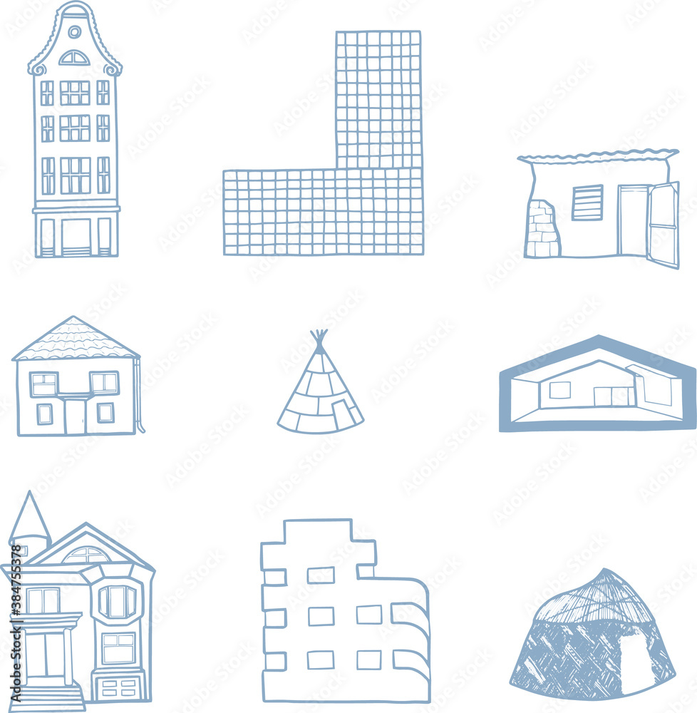 A unique set of houses and buildings around the world in flat outline style on white background in vector