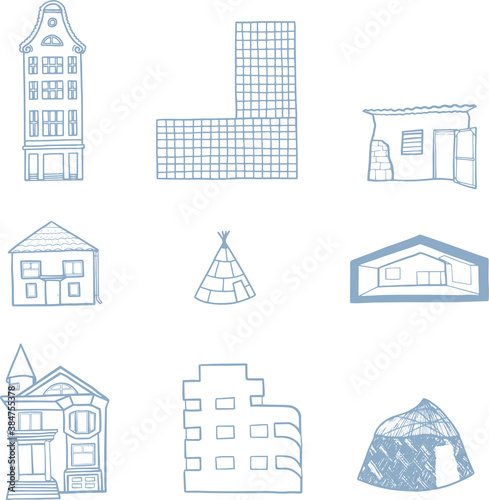 A unique set of houses and buildings around the world in flat outline style on white background in vector