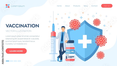 Vaccination concept. Immunization campaign. Vaccine shot. Health care and protection. Doctor and syringe with a vaccine bottle protection shield and virus. Medical treatment. Flat vector illustration.