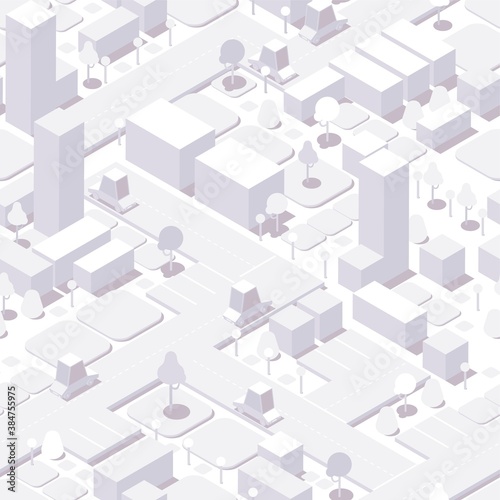 Seamless isometric city background. White buildings, trees and cars with shadows. Vector illustration
