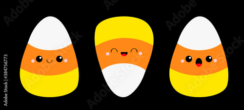 Candy corn set with funny faces. Happy Halloween. Cute cartoon kawaii baby character. Striped triangle sweet food. Greeting card. Flat design. Black background. Isolated.
