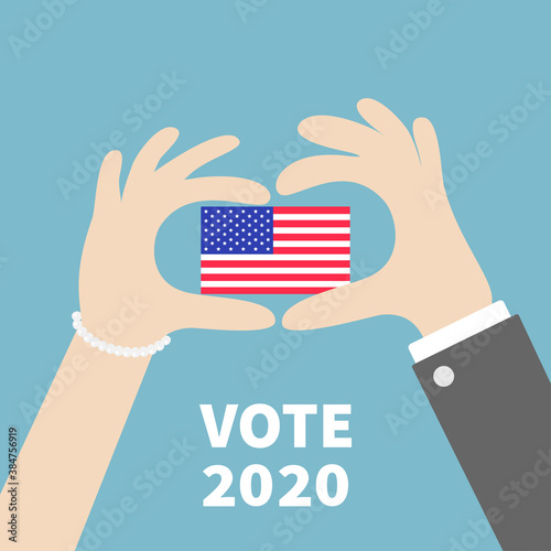 President election day. Vote 2020. Voting concept. Hands holding american flag. Flat design Invitation Card Print. Blue background. Isolated.