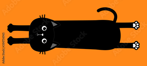 Black cat. Happy Halloween. Cute cartoon baby character. Long body with paw print, tail. Funny face head silhouette. Meow.Kawaii animal. Pet collection. Flat design style. Orange background. Isolated.