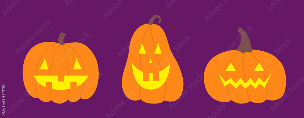 Pumpkin set line. Happy Halloween Funny creepy scary smiling face. Cute cartoon kawaii baby character. Yellow candle light. Greeting card. Violet background. Isolated. Flat design.