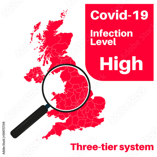 Covid-19 UK infection Level High with map and magnifying glass.