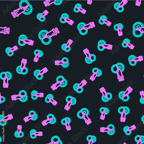 Line Genetically modified meat icon isolated seamless pattern on black background. Syringe being injected to meat. Vector.