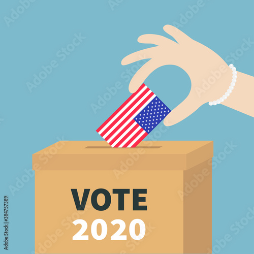 President election day Vote 2020. Ballot Voting box Woman holding American flag paper blank bulletin concept. Polling station. Isolated Blue background Flat design. Invitation Card.