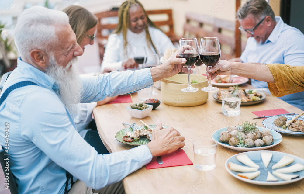 Happy senior people having fun at patio dinner - Multiracial mature friends eating at sunday meal - Focus on hands cheering with wine Happy senior people having fun at patio dinner - Multiracial mature friends eating at sunday meal - Focus on hands cheering with wine