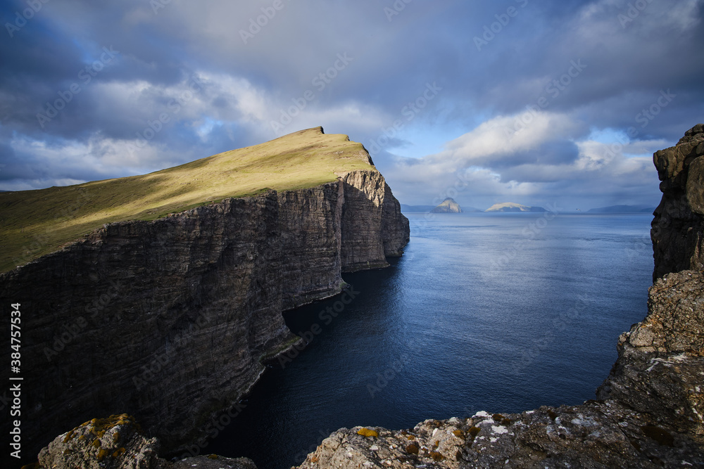 Fototapeta premium Trælanípan view and huge cliffs, Faroe Islands