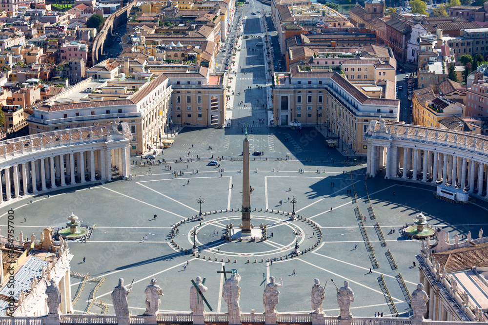 Aerial view on St.Peter 's Square from dome of Saint Peter's Basilica. Few tourists due to the Covid-19 coronovirus pandemic, Vatican, Rome, Italy