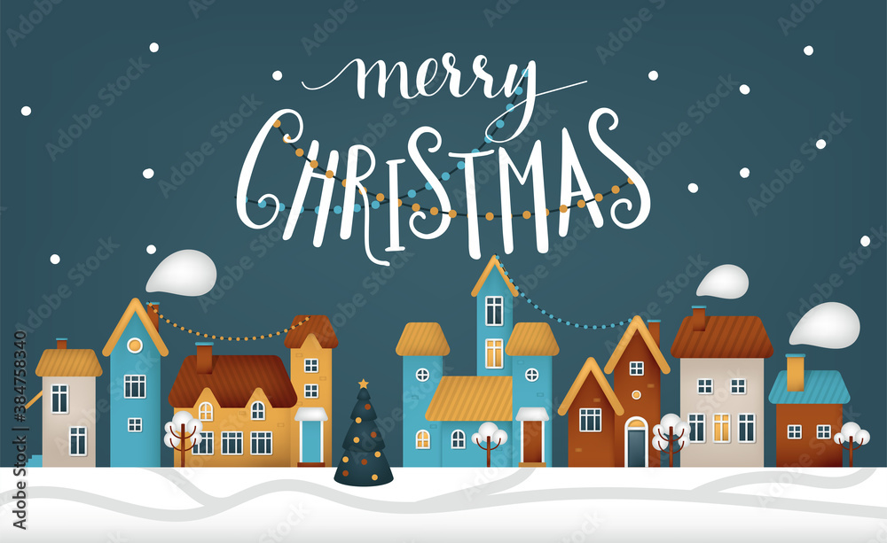 Merry Christmas vector illustration. Snow covered little town. 