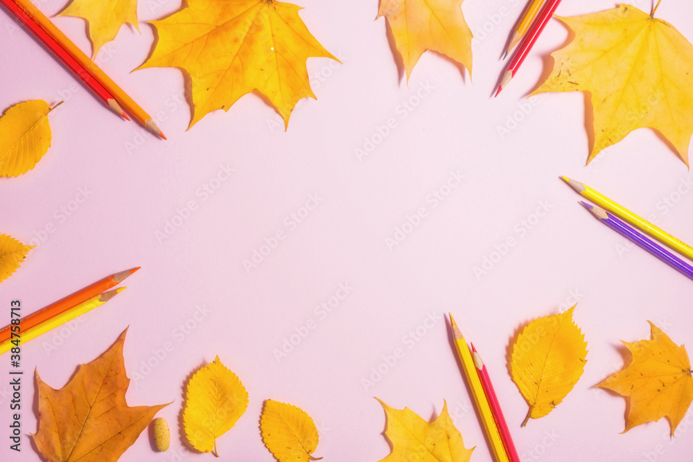 Fototapeta premium back to school theme with autumn leaves and stationery