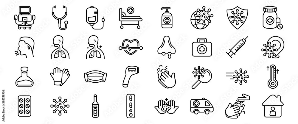 Simple Set of corona virus and virology Related Vector icon graphic design. Contains such Icons as corona virus, respirator machine, infusion, medical bed, pneumonia, respiratory mask and more