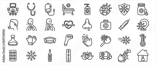 Simple Set of corona virus and virology Related Vector icon graphic design. Contains such Icons as corona virus, respirator machine, infusion, medical bed, pneumonia, respiratory mask and more
