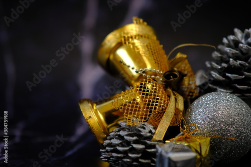 christmas decorations on green bokeh background and space for text christmas holiday concept