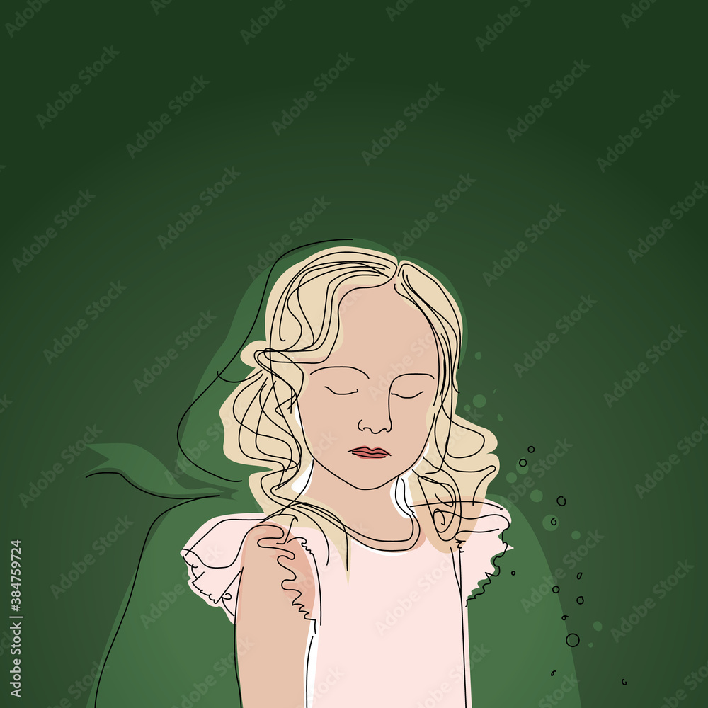 Little girl in a pink dress. Dark green forest background. Little girl in a pink dress. Dark green forest background.