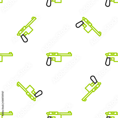 Line Mauser gun icon isolated seamless pattern on white background. Mauser C96 is a semi-automatic pistol. Vector.