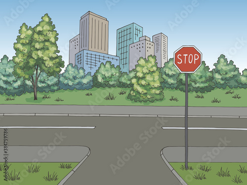 Crossroad street road graphic color city landscape sketch illustration vector 