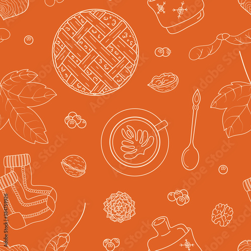 Seamless vector pattern with cute hand drawn blueberry pie, coffee, knitted socks, walnut, hot water bottle. White line objects on orange background. For wrapping paper, invitation, card, gift, print.