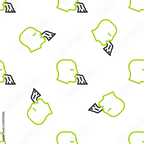 Line Vomiting man icon isolated seamless pattern on white background. Symptom of disease, problem with health. Nausea, food poisoning, alcohol poisoning concept. Vector.