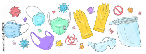 Covid-19 doodles set. Coronavirus protection and treatment. Medical equipment. Face mask, sterile gloves, glasses, respirator.