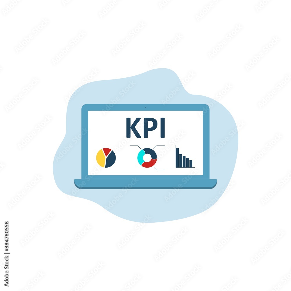 KPI, Key Performance Indicator. Laptop icon on blue background. Diagram ...