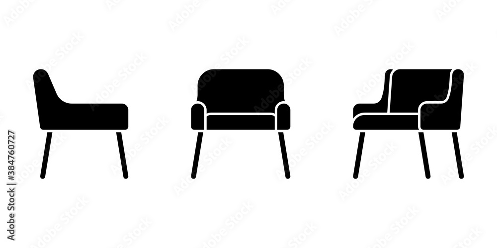 Isolated soft office chair vector illustration icon pictogram set. Front, side view silhouette on white Isolated soft office chair vector illustration icon pictogram set. Front, side view silhouette on white