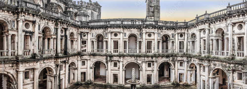 Panoramic Of Two Story Cloisters, Wrapping Around a Courtyard. Templar Castle/Convent Of Christ, Tomar, Portugal.