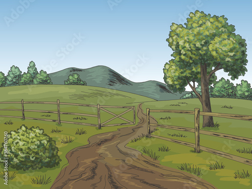 Rural road fence gate graphic color landscape sketch illustration vector 