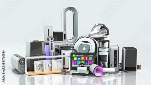Small group modern Home appliances  E commerce or online shopping presentation concept 3d render white photo