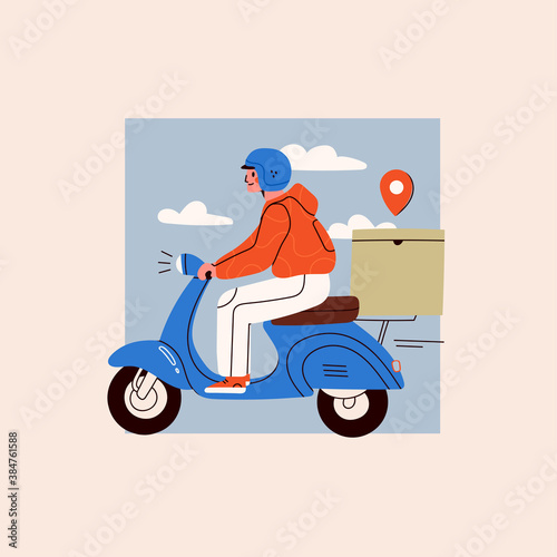 Delivery man or boy riding motorcycle with delivery box. Courier on the Scooter. Takeaway Food or Parcel delivery service concept. Cute funny character. Hand drawn square trendy Vector illustration