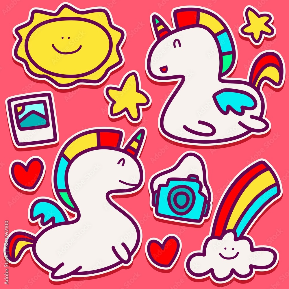 hand drawn kawaii doodle cartoon unicorn design for wallpaper, stickers, coloring books, pins, emblems logos and more