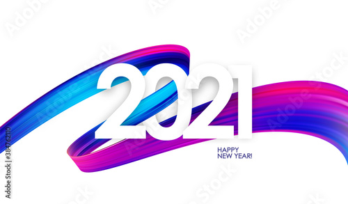 Happy New Year. Number of 2021 with colorful abstract twisted paint stroke shape. Trendy design