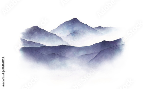 Fototapeta Naklejka Na Ścianę i Meble -  Watercolor illustration of the mountains. Winter landscape