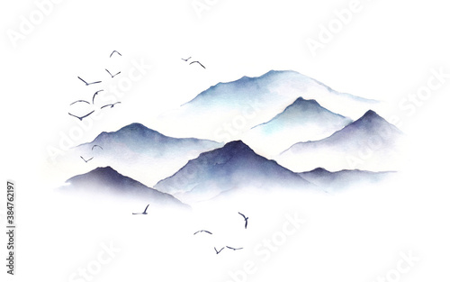 Watercolor winter landscape with mountains and birds © Iya Balushkina
