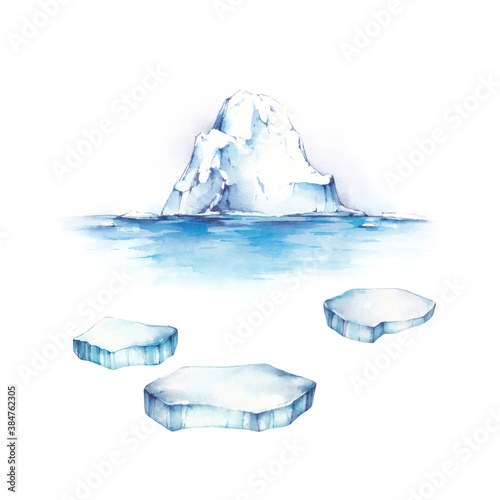 Watercolor arctic set with ice floe, snow and ice floes. Iceberg. Sea landscape