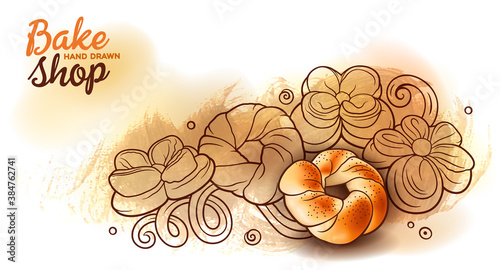 Buns and pastries hand drawn vector doodle colorful illustration