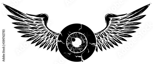 Tattoo design of a flying eyeball with wings. black silhouette