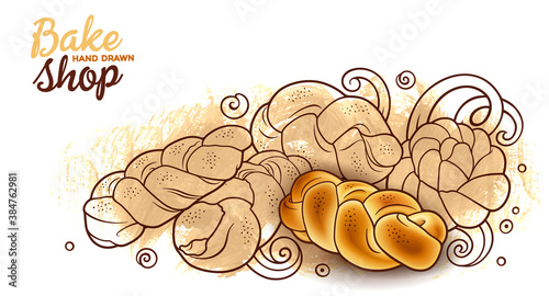 Buns and pastries hand drawn vector doodle colorful illustration