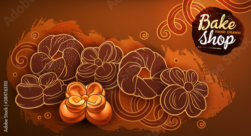 Buns and pastries hand drawn vector doodle colorful illustration