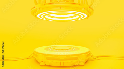 Yellow power podium empty stage. Technological elements innovation background. Minimal idea concept, 3D Render.
