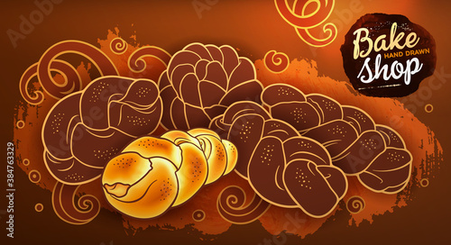 Buns and pastries hand drawn vector doodle colorful illustration