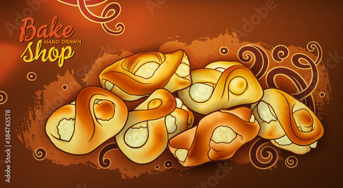 Buns and pastries hand drawn vector doodle colorful illustration