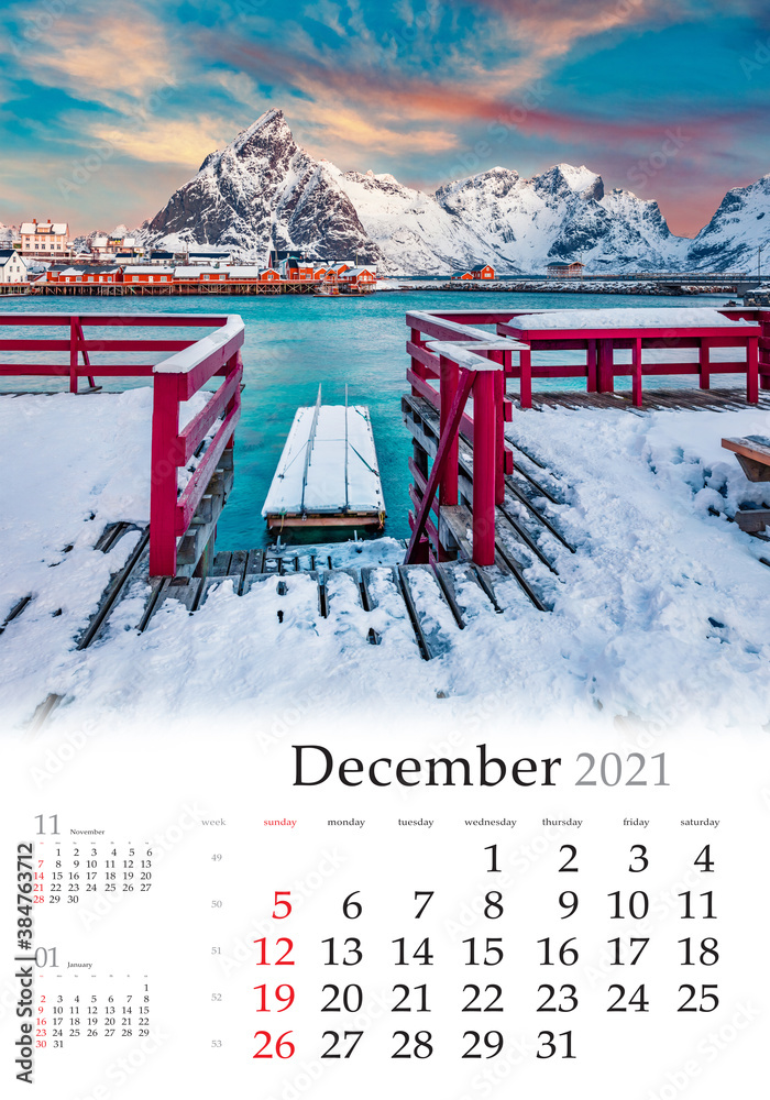 Calendar December 2021, vertical B3 size. Set of calendars with amazing landscapes. Splendid winter wie of Gravdal bay, Sakrisoy port, Lofoten Islands archipelago, Norway, Europe. - obrazy, fototapety, plakaty 