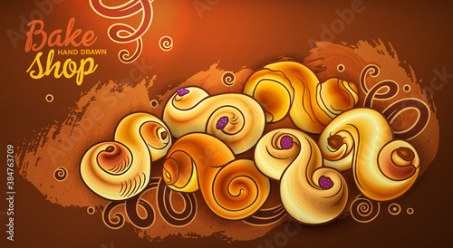 Buns and pastries hand drawn vector doodle colorful illustration